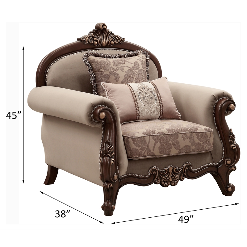 Bowery Hill Mehadi Rolled Arm Chair with 2 Pillows in Walnut Finish