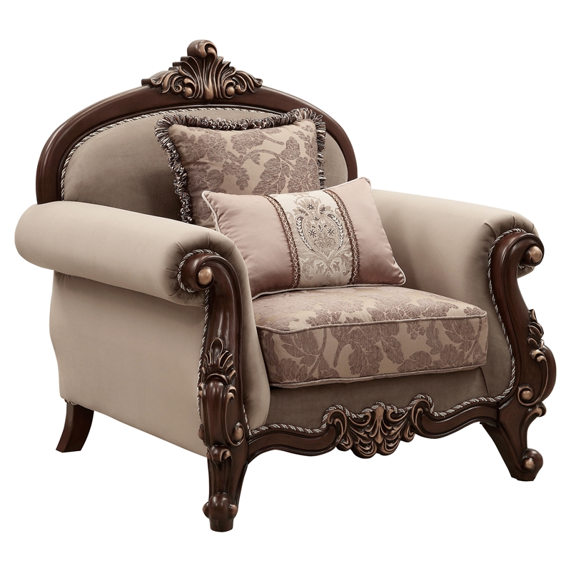 Bowery Hill Mehadi Rolled Arm Chair with 2 Pillows in Walnut Finish