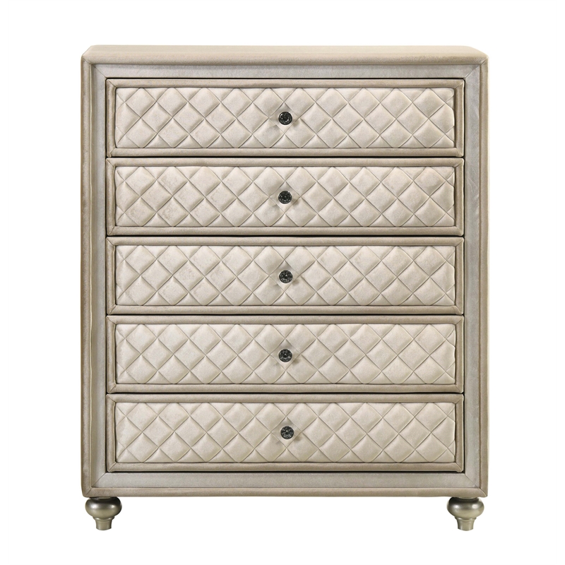 Bowery Hill Velvet Upholstered 5-Drawer Chest with Wood Frame in Beige