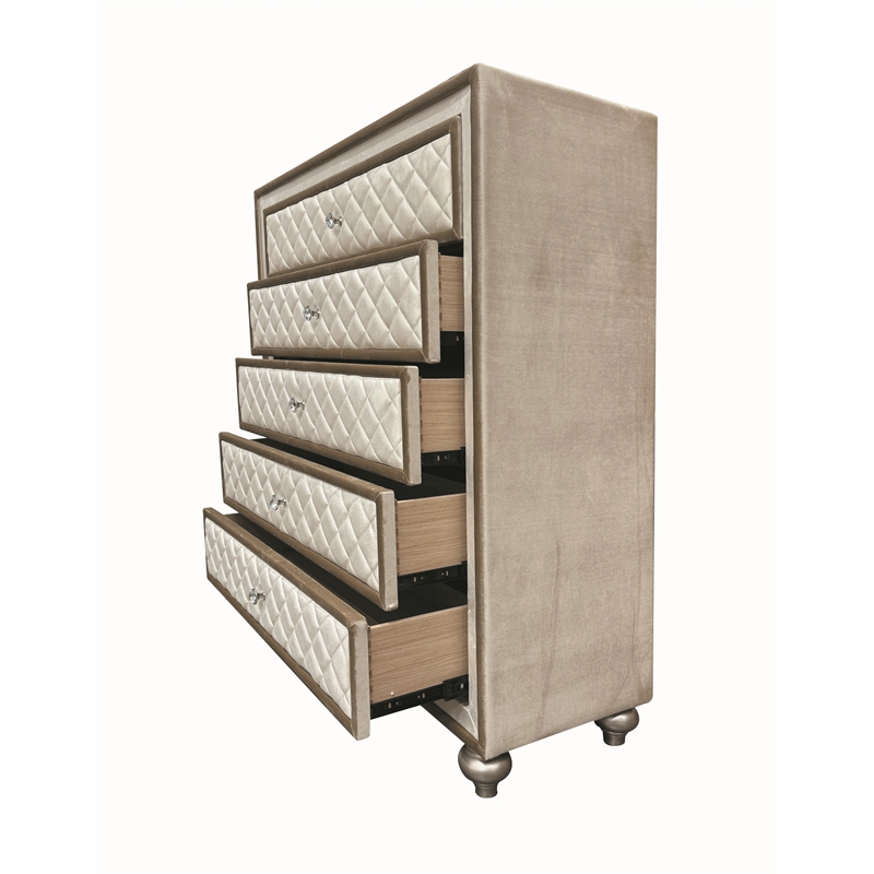 Bowery Hill Velvet Upholstered 5-Drawer Chest with Wood Frame in Beige
