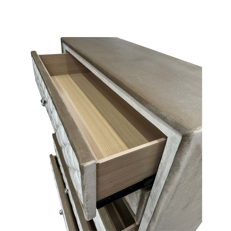 Bowery Hill Velvet Upholstered 5-Drawer Chest with Wood Frame in Beige