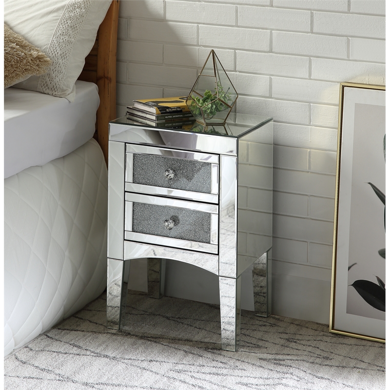 Bowery Hill Mirrored Accent Table with 2 Drawers and Faux Diamonds