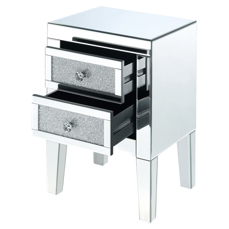 Bowery Hill Mirrored Accent Table with 2 Drawers and Faux Diamonds