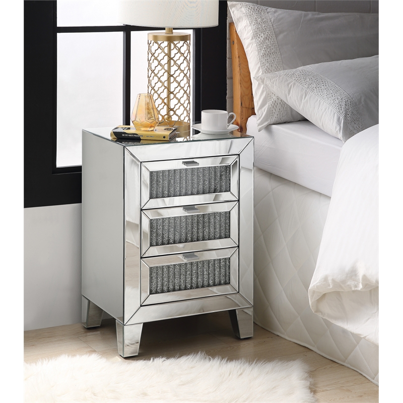 Bowery Hill Mirrored Accent Table with 3 Drawers and Faux Diamonds