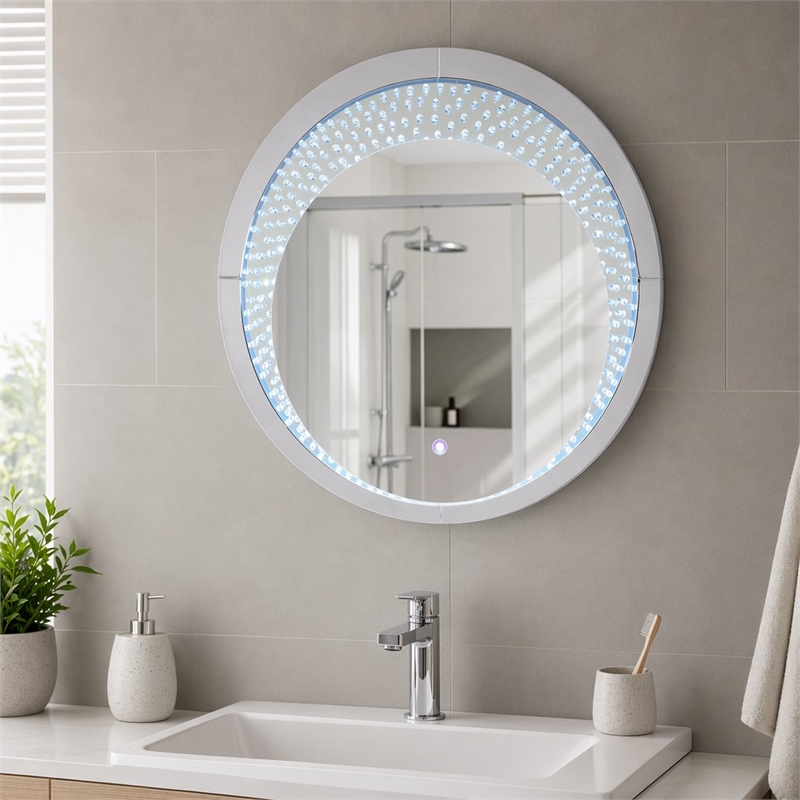 Bowery Hill Round Mirrored Wall Decor with LED Light and Faux Crystals