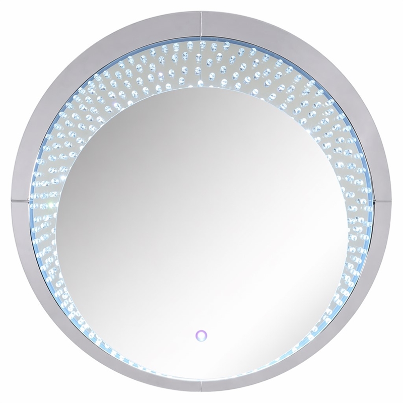 Bowery Hill Round Mirrored Wall Decor with LED Light and Faux Crystals