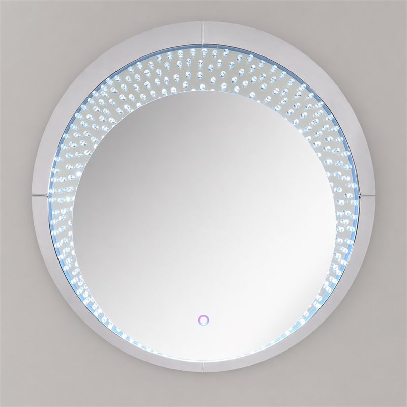 Bowery Hill Round Mirrored Wall Decor with LED Light and Faux Crystals