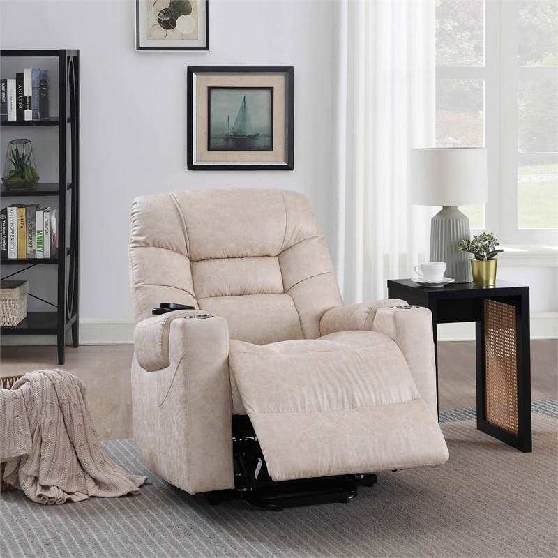 Bowery Hill Faux Leather Power Recliner with Cupholders in Light Gray