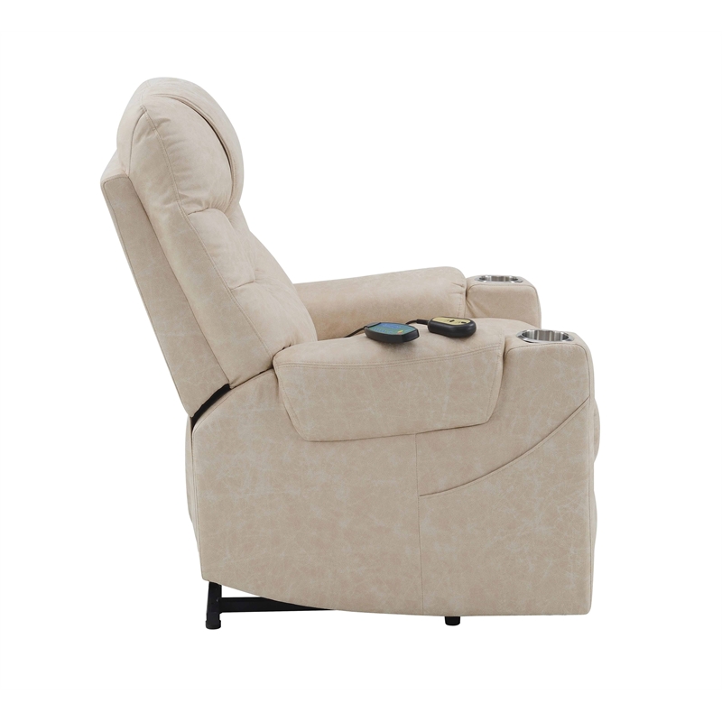 Bowery Hill Faux Leather Power Recliner with Cupholders in Light Gray