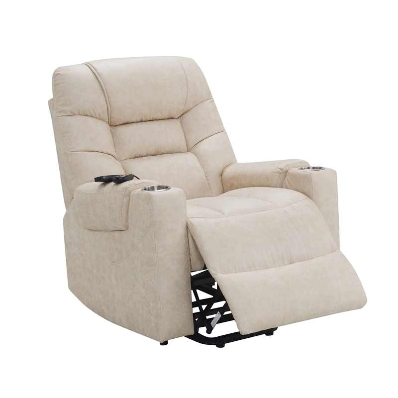 Bowery Hill Faux Leather Power Recliner with Cupholders in Light Gray