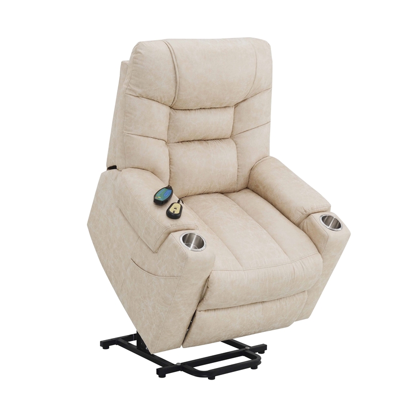 Bowery Hill Faux Leather Power Recliner with Cupholders in Light Gray