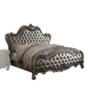 Bowery Hill Faux Leather Tufted Queen Panel Bed in Silver & Platinum