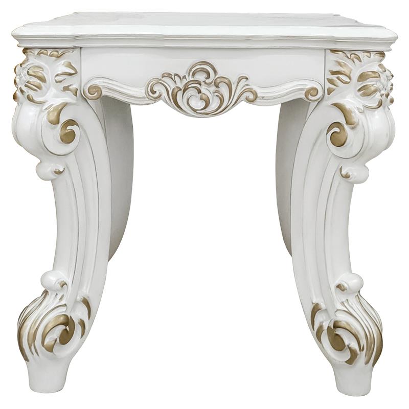 Bowery Hill Wooden End Table with Scrolled Leg in Antique Pearl