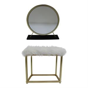 Bowery Hill Vanity Mirror and Stool Set in Black and Brass Metal