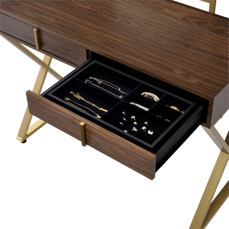 Bowery Hill Coleen Vanity Desk in Walnut and Gold Finish