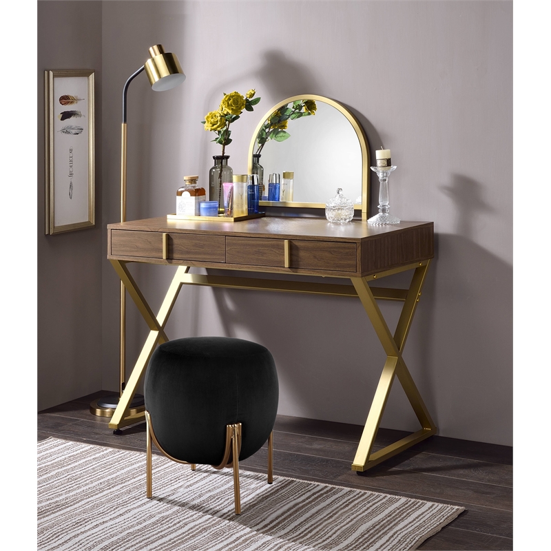 Bowery Hill Coleen Vanity Desk in Walnut and Gold Finish