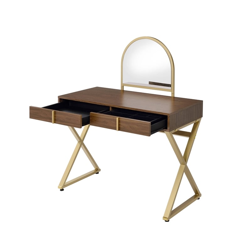 Bowery Hill Coleen Vanity Desk in Walnut and Gold Finish