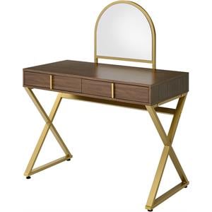Bowery Hill Coleen Vanity Desk in Walnut and Gold Finish