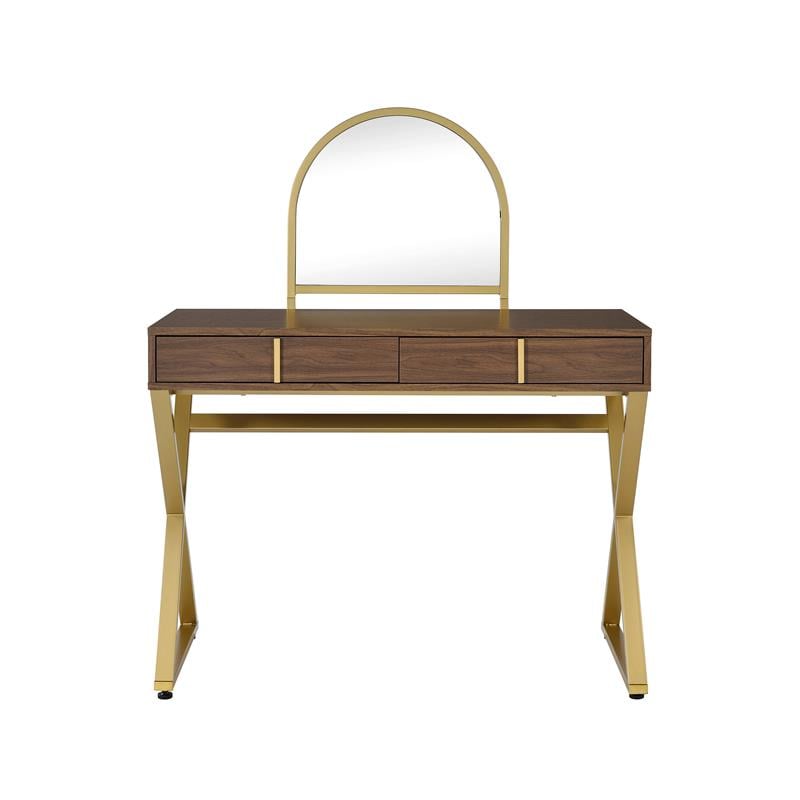 Bowery Hill Coleen Vanity Desk in Walnut and Gold Finish