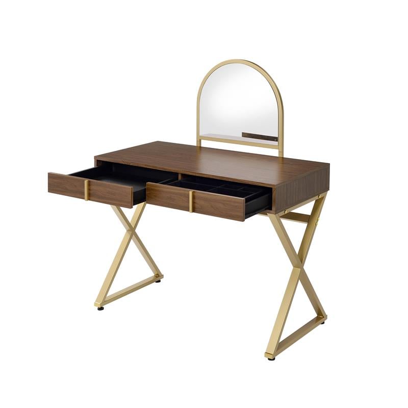 Bowery Hill Coleen Vanity Desk in Walnut and Gold Finish