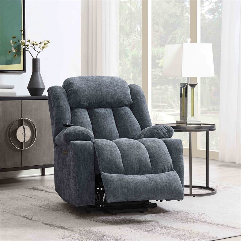 Bowery Hill Velvet Power Recliner with Lift/Heating/Massage in Blue
