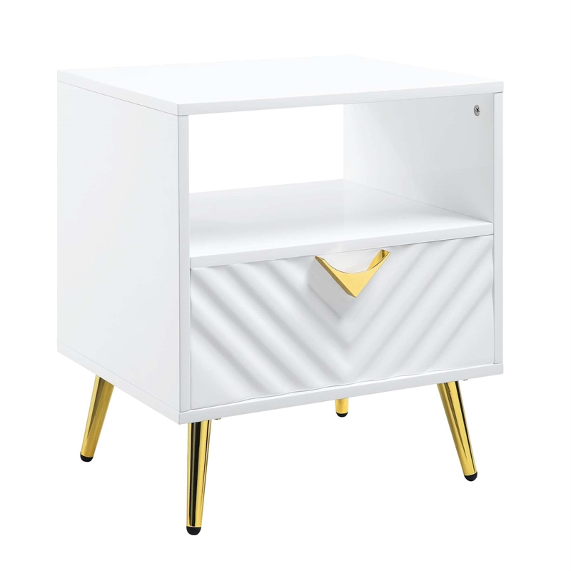 Bowery Hill End Table with Drawer and Open Shelf in White High Gloss Finish