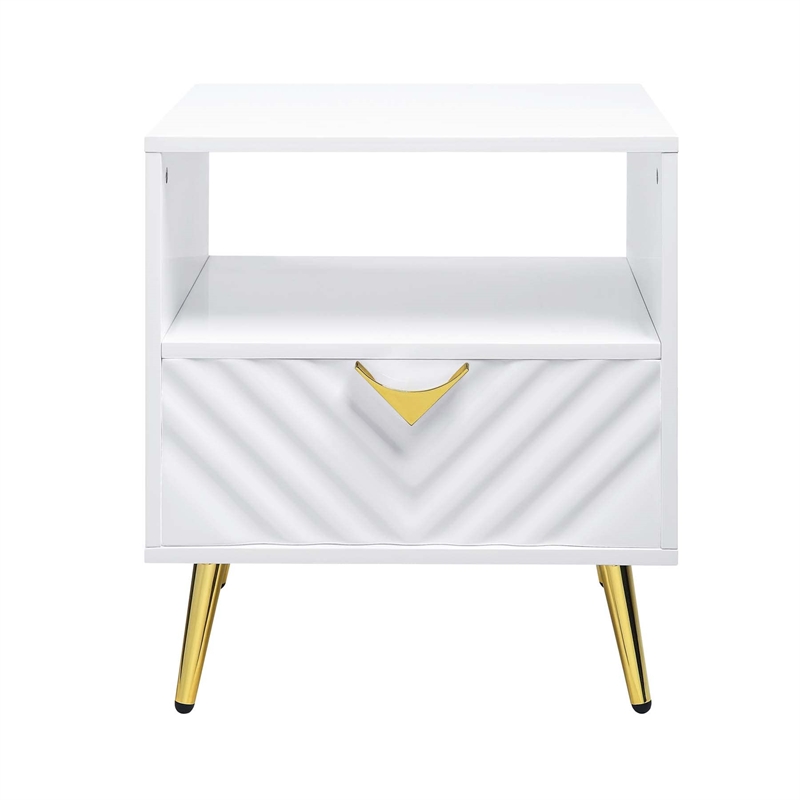 Bowery Hill End Table with Drawer and Open Shelf in White High Gloss Finish