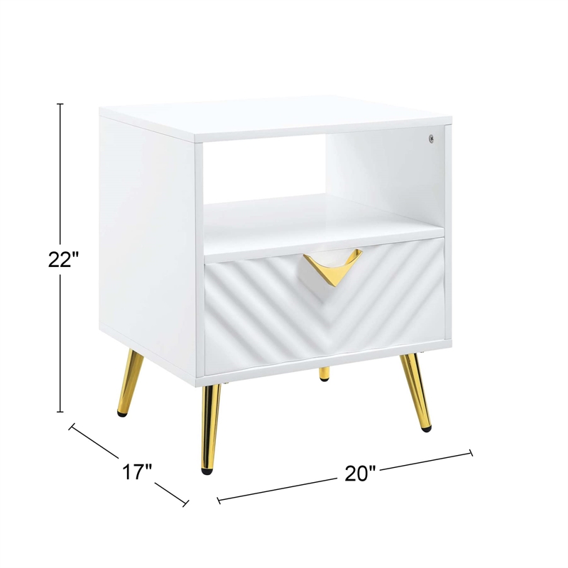 Bowery Hill End Table with Drawer and Open Shelf in White High Gloss Finish