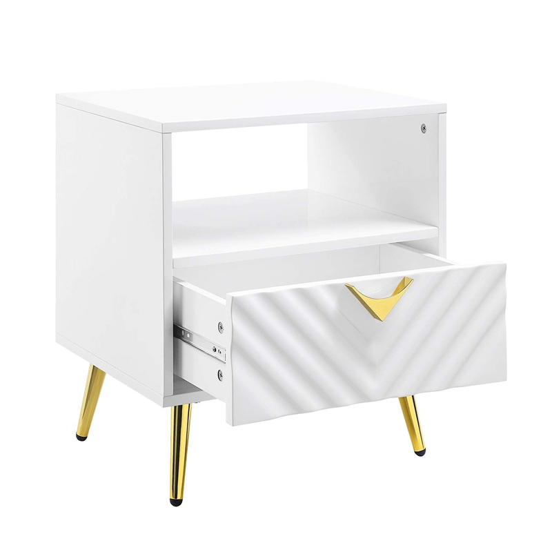 Bowery Hill End Table with Drawer and Open Shelf in White High Gloss Finish