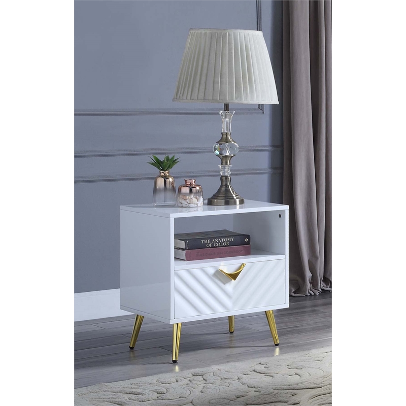 Bowery Hill End Table with Drawer and Open Shelf in White High Gloss Finish