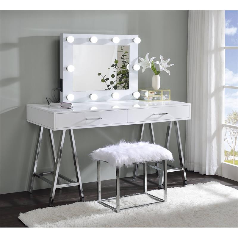 Bowery Hill Rectangle Accent Mirror with Lighting in White Finish