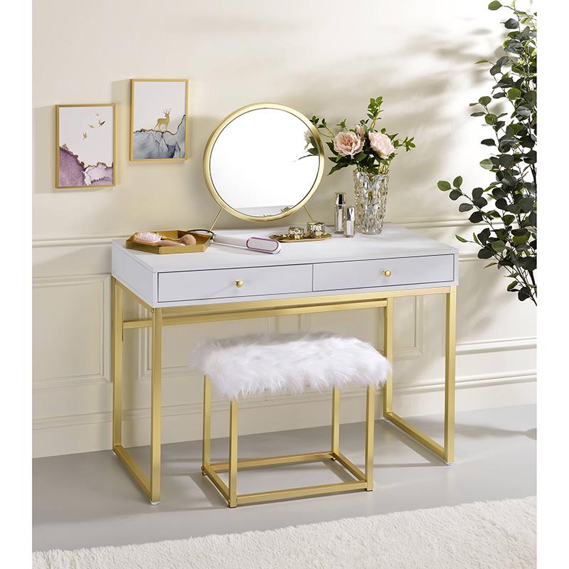 Bowery Hill Vanity Mirror and Stool Set in White and Brass Metal