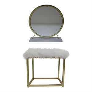 Bowery Hill Vanity Mirror and Stool Set in White and Brass Metal