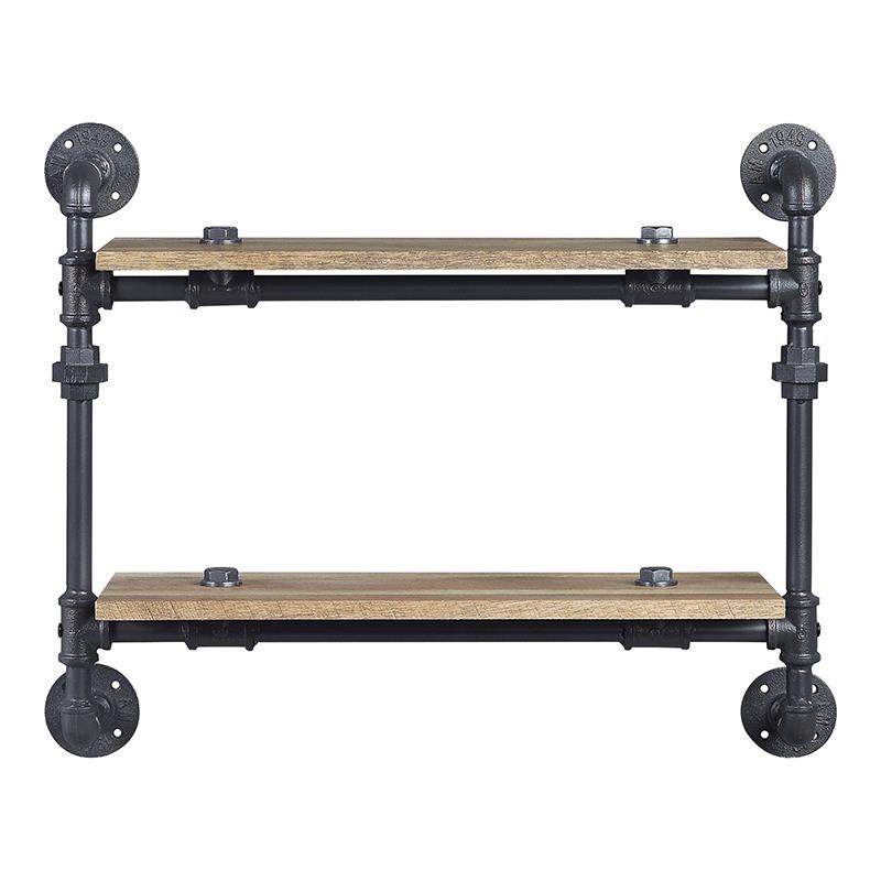 Bowery Hill Wall Rack with 2 Wooden Shelves Oak Sandy Black Industrial Style