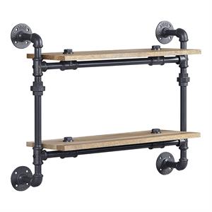 Bowery Hill Wall Rack with 2 Wooden Shelves Oak Sandy Black Industrial Style