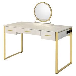 Bowery Hill Vanity Set with USB Port and Mirror in White and Champagne Metal