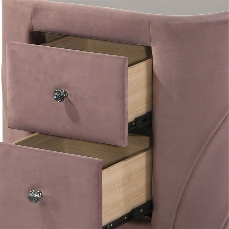 Bowery Hill 2-Drawer Velvet Upholstered Nightstand with Mirror Top in Pink