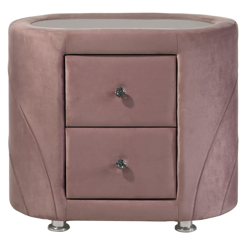 Bowery Hill 2-Drawer Velvet Upholstered Nightstand with Mirror Top in Pink