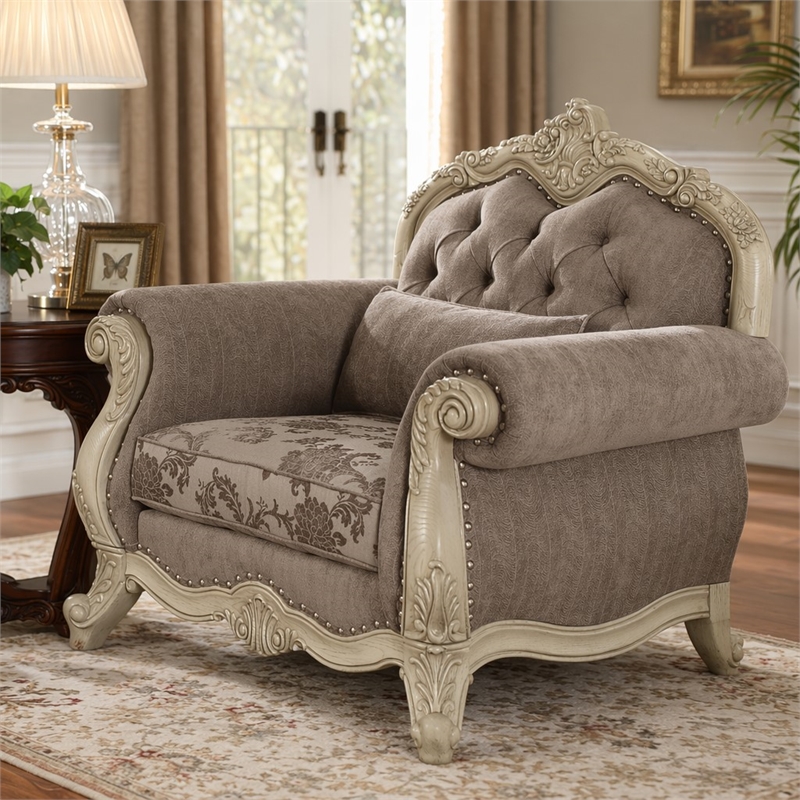 Bowery Hill Ragenardus Chair in Gray Fabric with Antique White Finish
