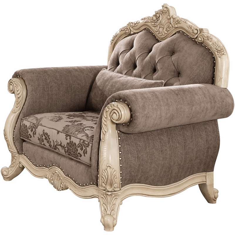 Bowery Hill Ragenardus Chair in Gray Fabric with Antique White Finish