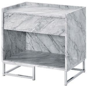 Bowery Hill Faux Marble Nightstand with Metal Base in White and Chrome
