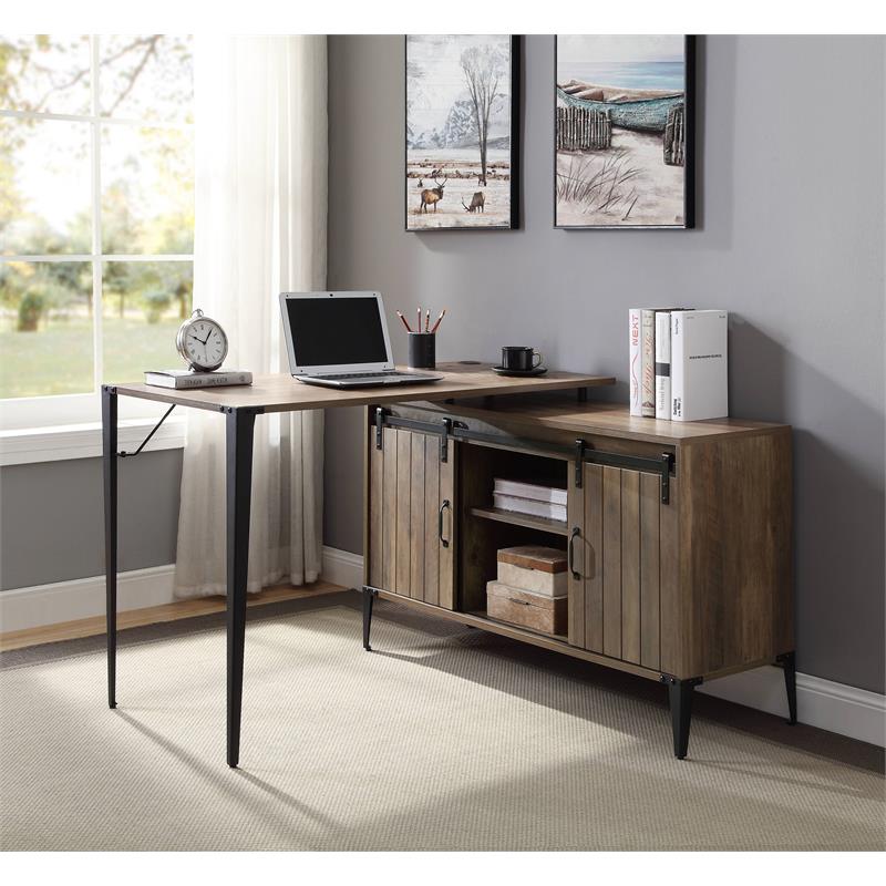 Bowery Hill Wooden Writing Desk with Storage in Rustic Oak and Black