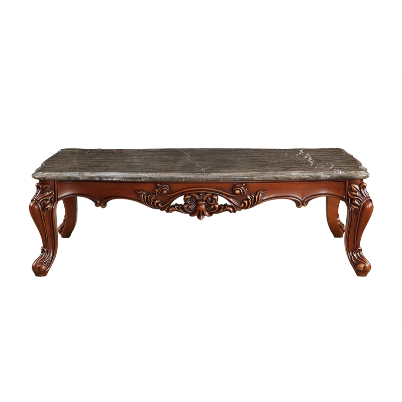Bowery Hill Marble and Walnut Coffee Table with Decorative Carvings