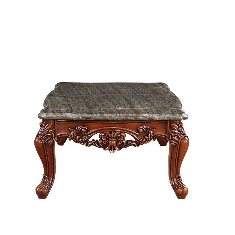 Bowery Hill Marble and Walnut Coffee Table with Decorative Carvings