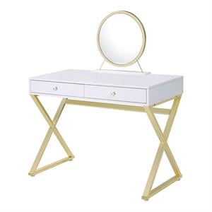 Bowery Hill 2-Drawer Vanity Desk w/ Jewelry Tray in White & Gold