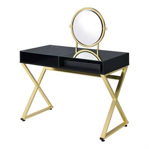 Bowery Hill Glass Top Vanity Desk w/ Mirror & Jewelry Tray in Black