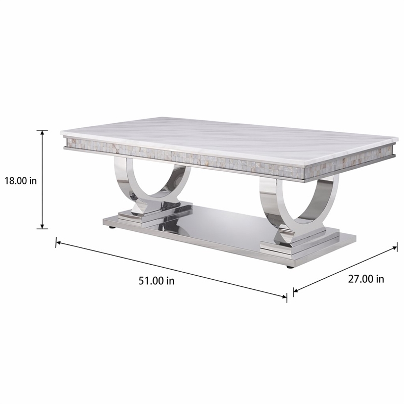 Bowery Hill Coffee Table with Faux Marble Top in White and Silver Finish