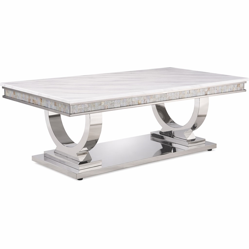 Bowery Hill Coffee Table with Faux Marble Top in White and Silver Finish