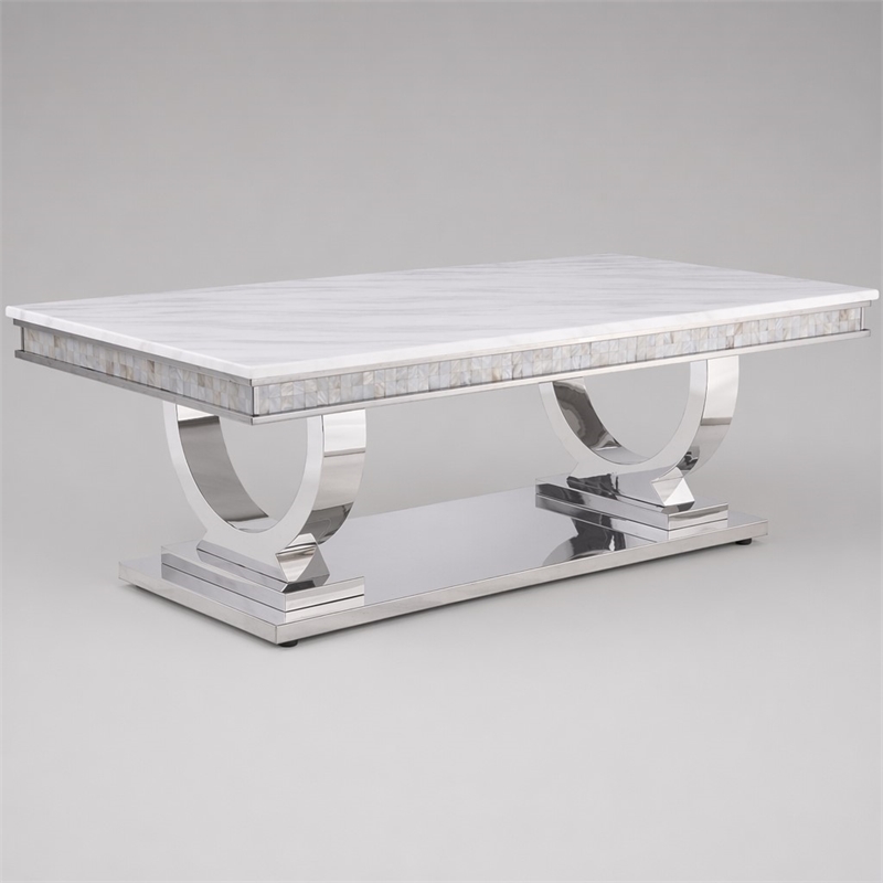 Bowery Hill Coffee Table with Faux Marble Top in White and Silver Finish