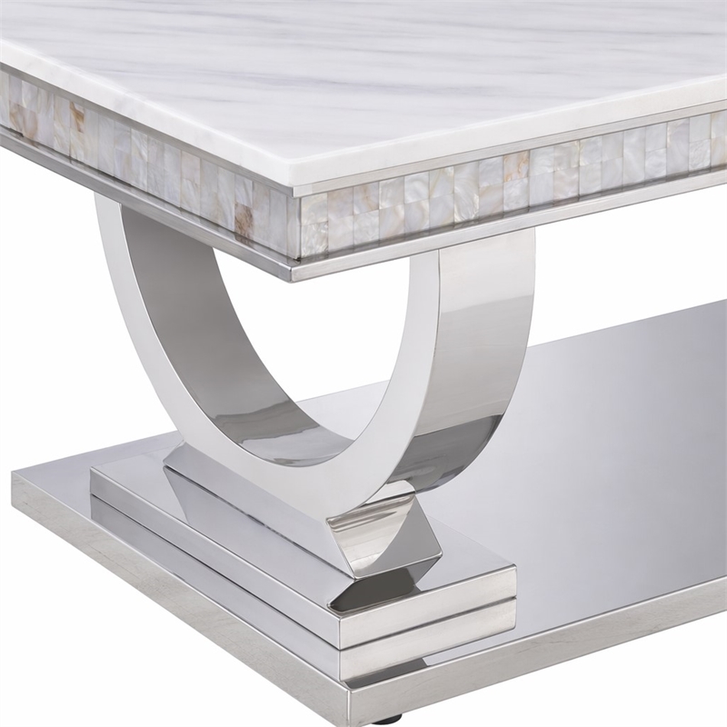 Bowery Hill Coffee Table with Faux Marble Top in White and Silver Finish